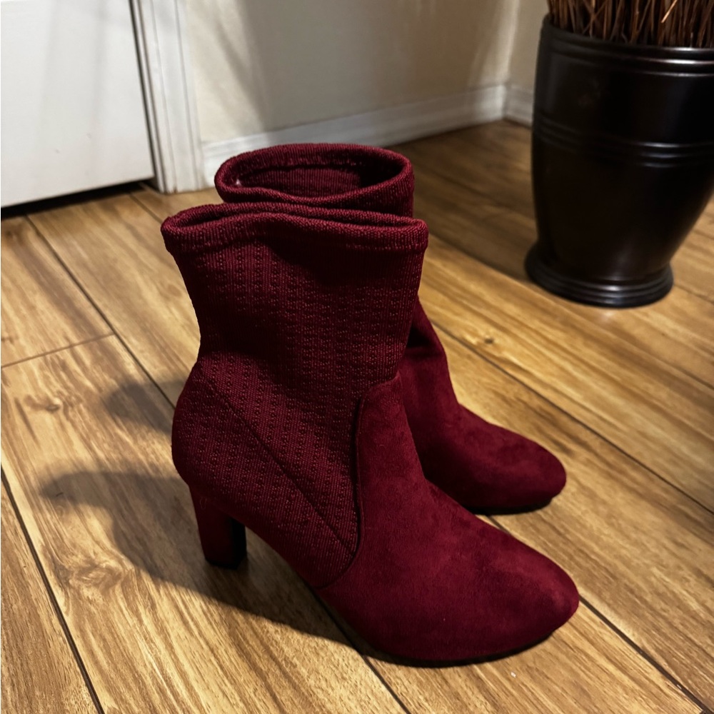 Burgandy Color Heeled Boots with Sleek Design and Suede Finish